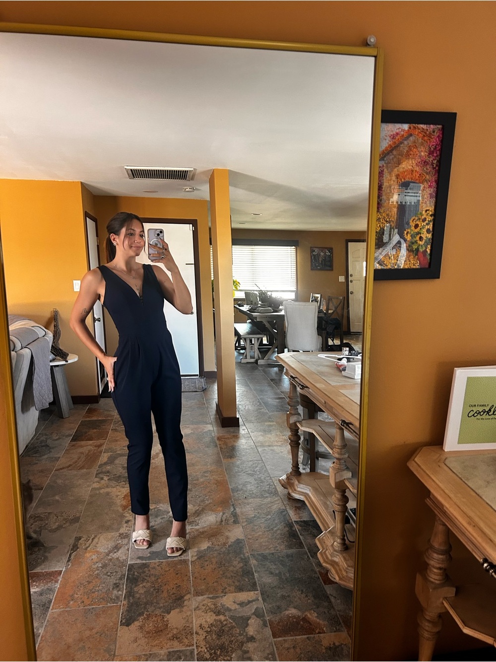 Made in Italy Navy Jumpsuit | Size Small | V-Neck Open Back Pockets